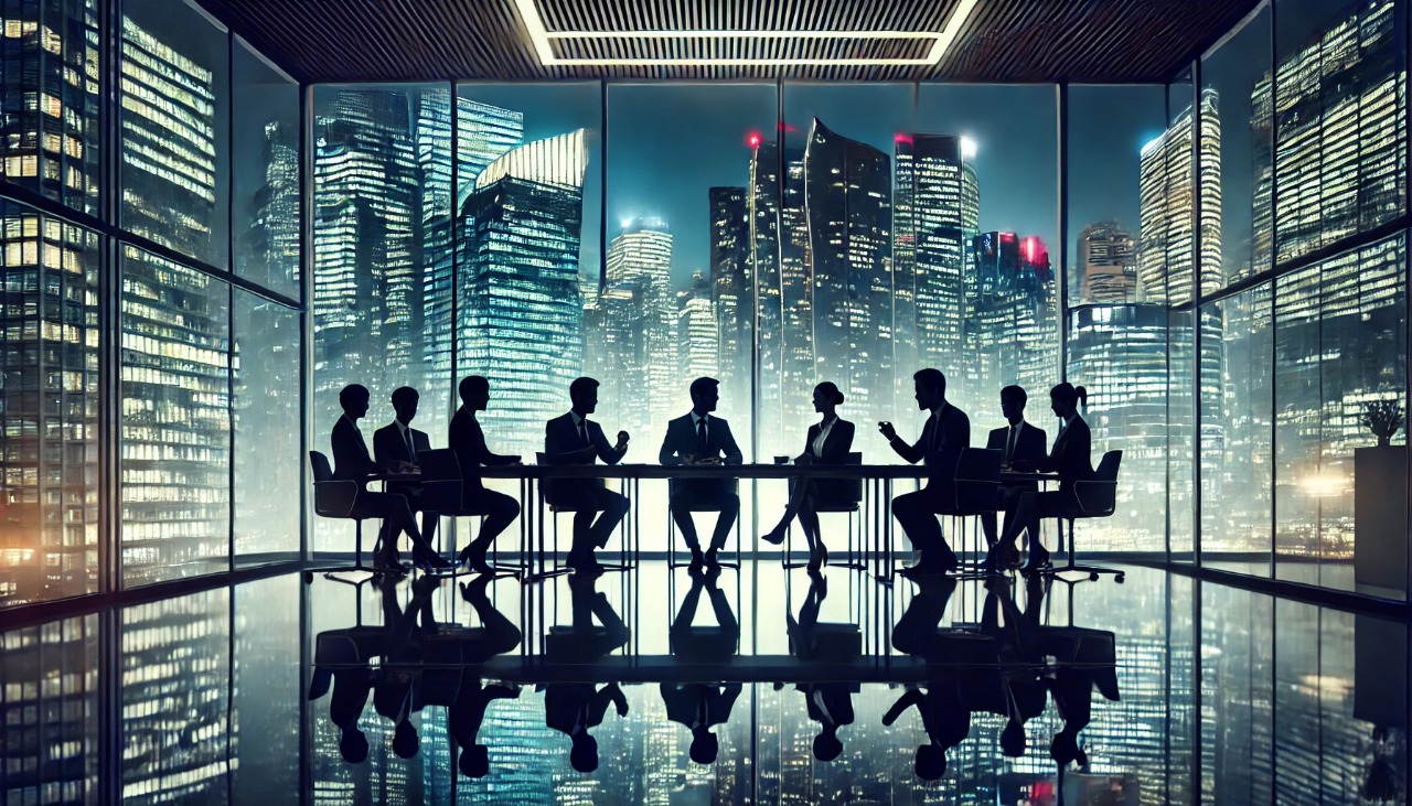 Business professionals in a meeting with city skyline view